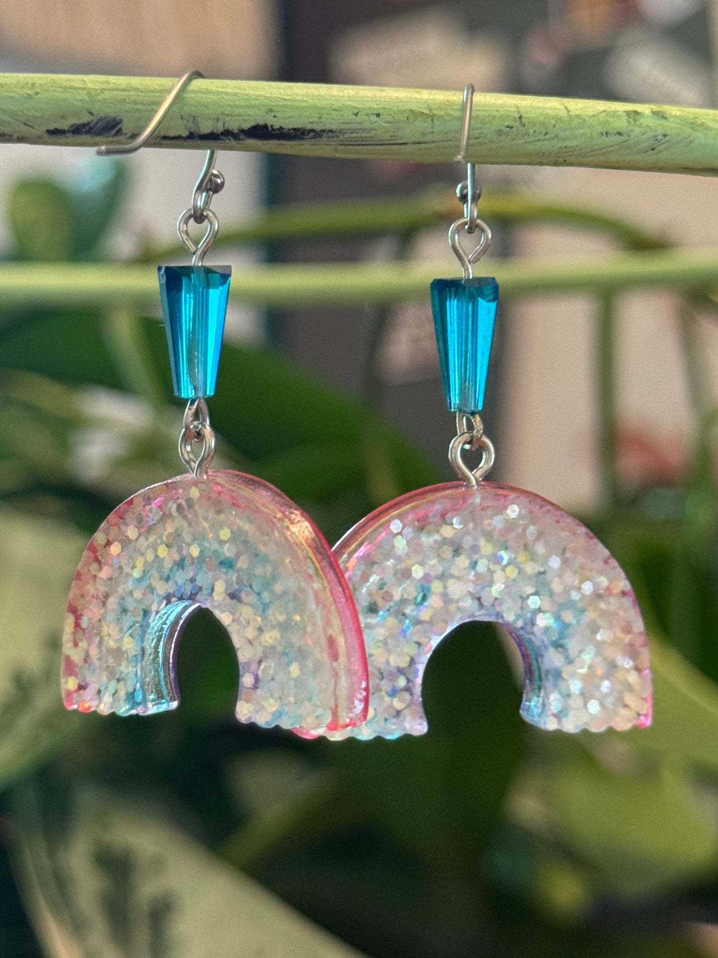 Cute rainbow earrings with blue glass