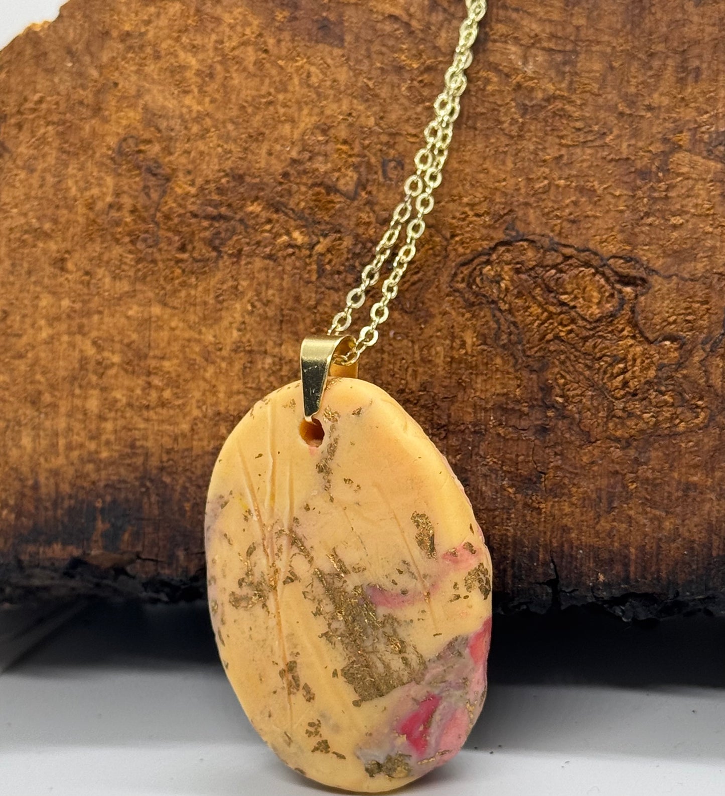 Amber and clay necklace, handmade in Oregon