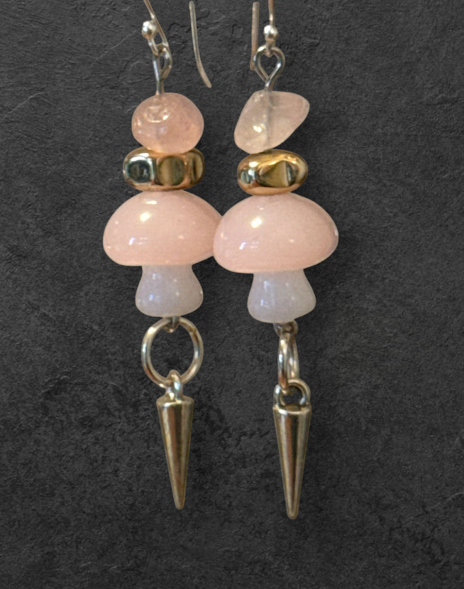Pink mushroom and rose quartz spike earrings