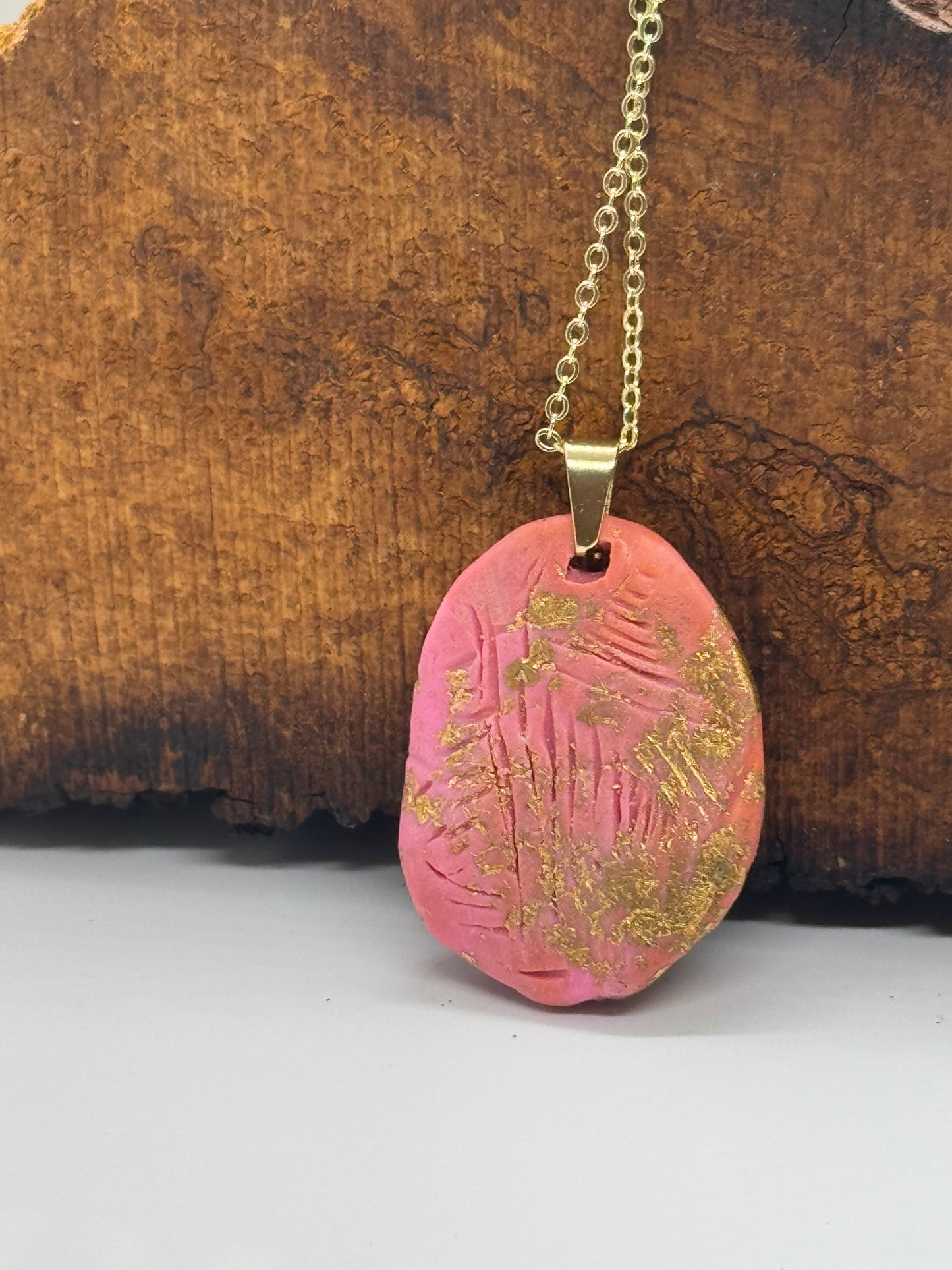 Pink clear quartz crystal handmade clay gold necklace