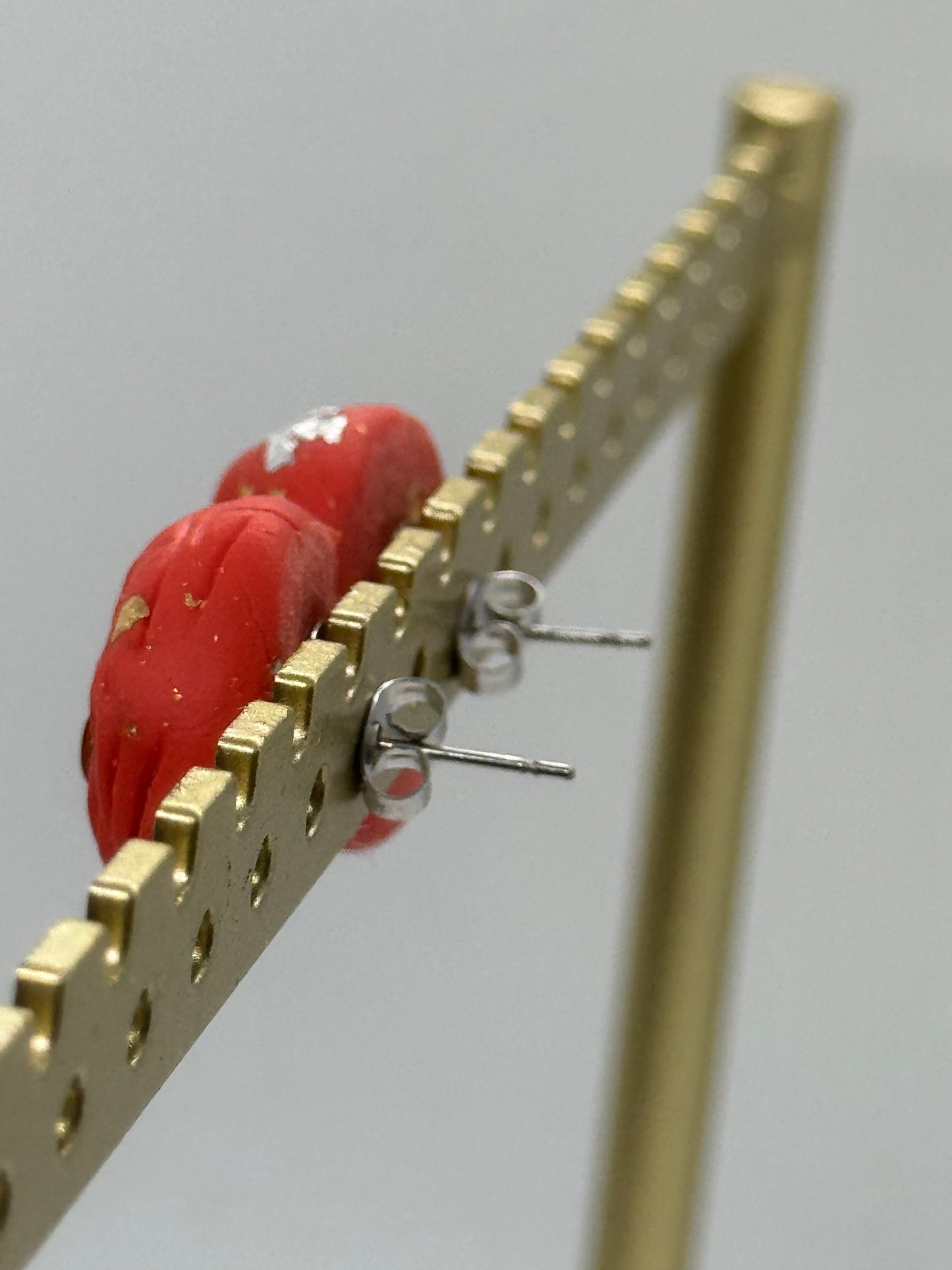Amber and red clay handmade stud earrings