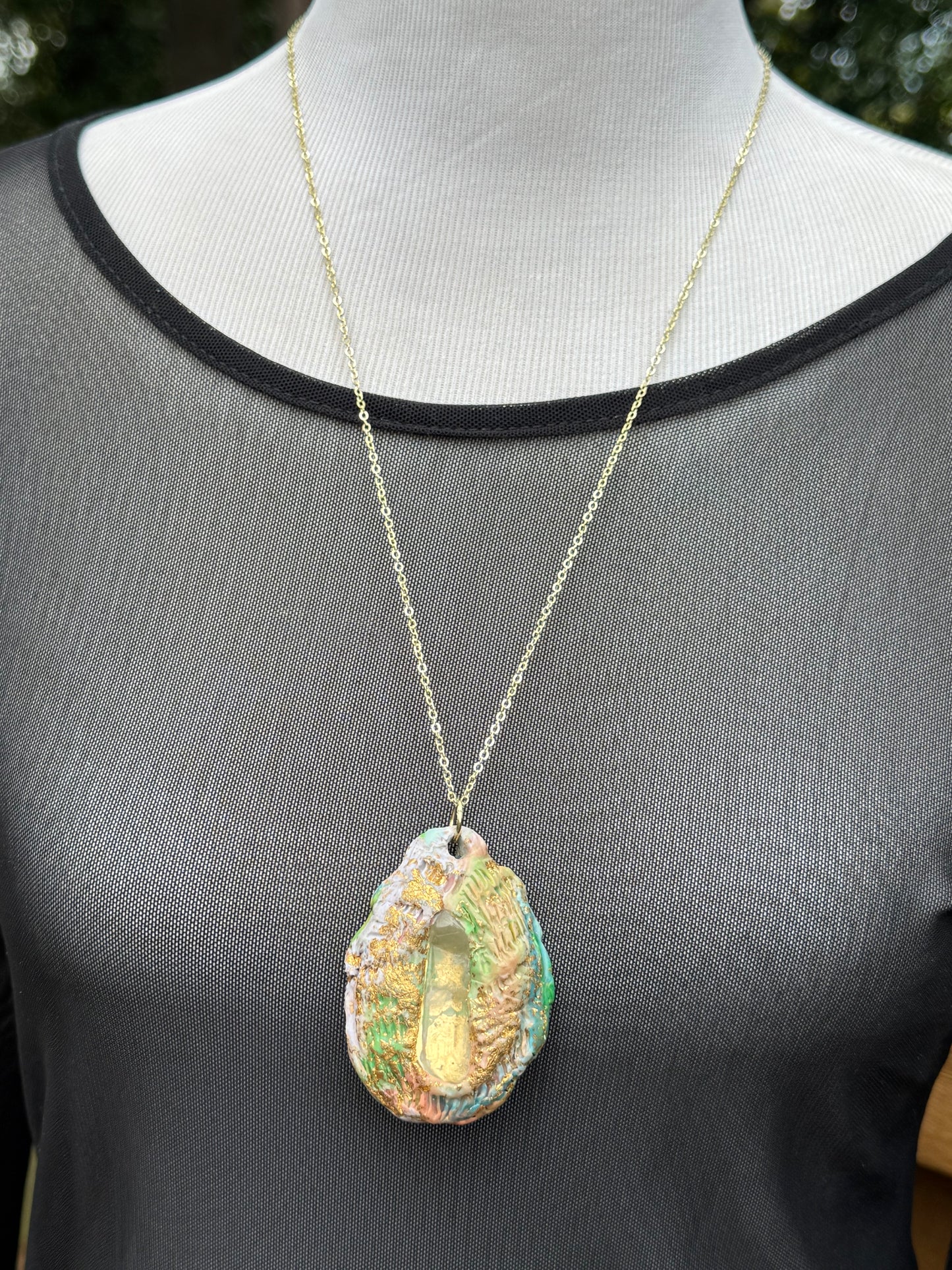 Rainbow clear quartz crystal large pendant necklace, gold chain