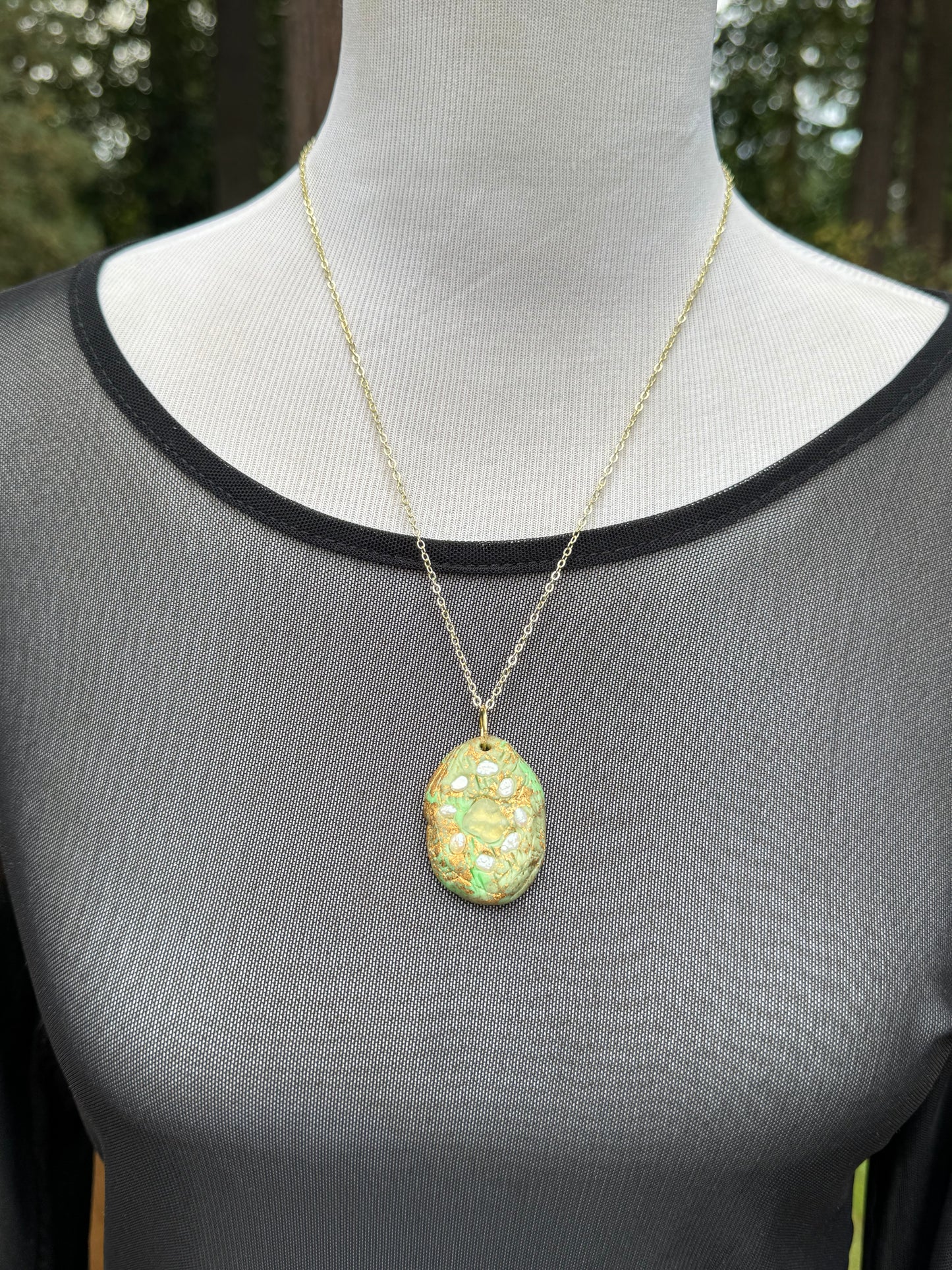 Pearl and fluorite mint green clay necklace, handmade, 14K gold plating