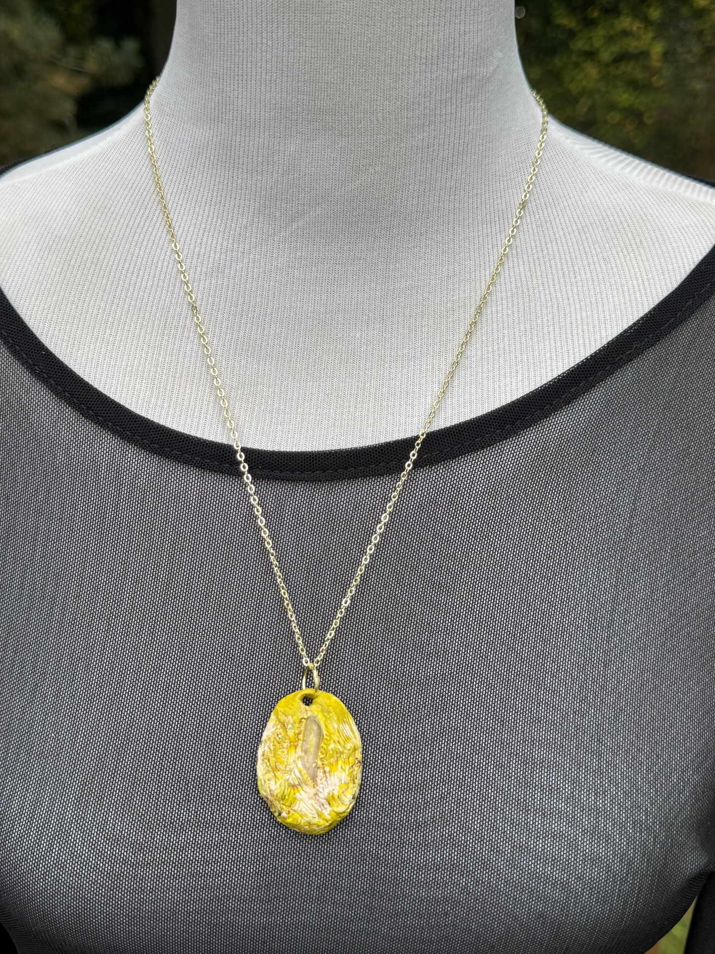 Green clear quartz crystal necklace on gold chain