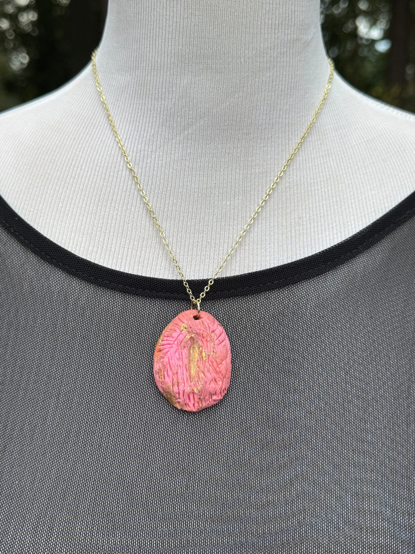Pink clear quartz crystal handmade clay gold necklace