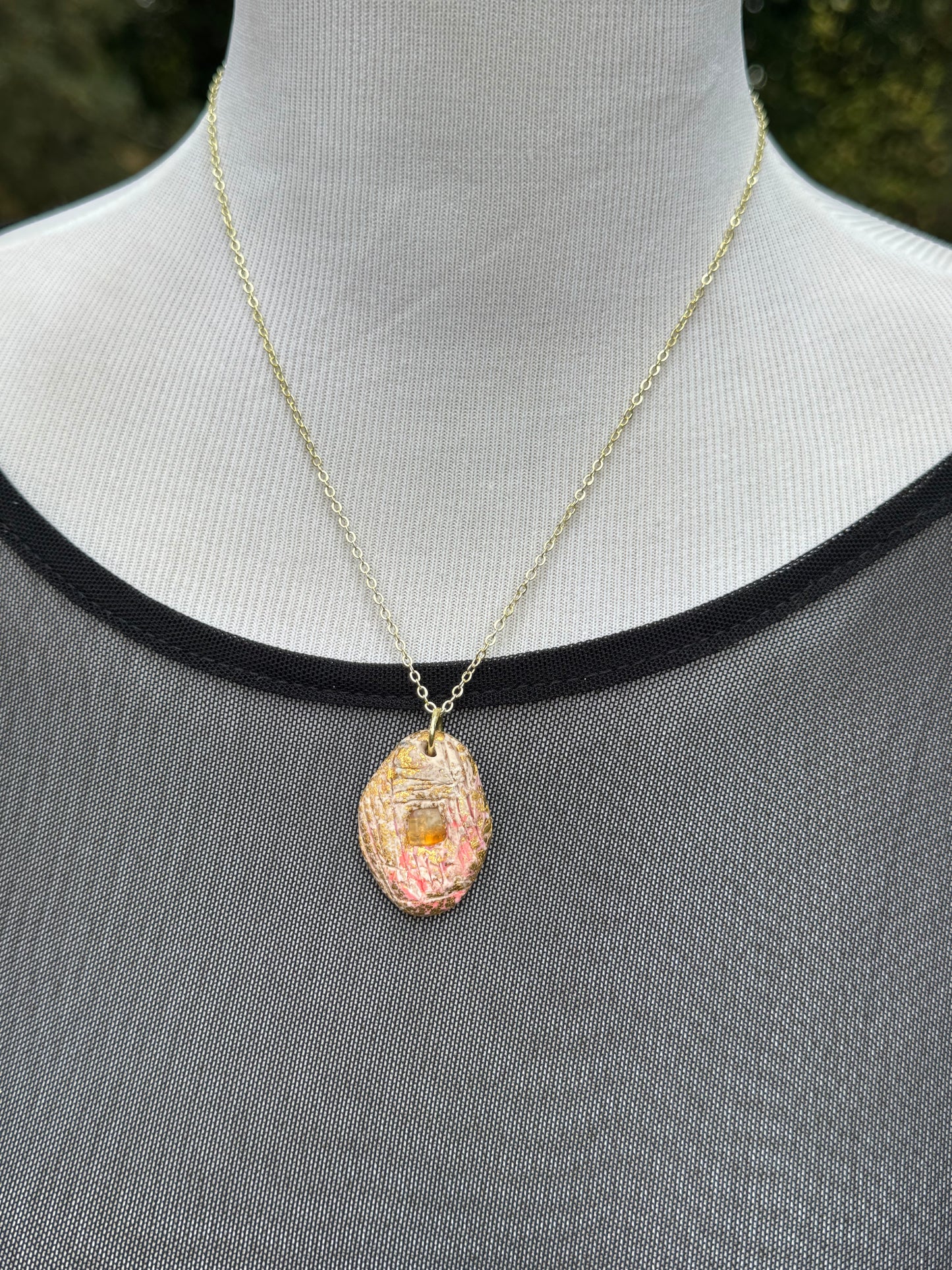 Oregon sunstone necklace, hand-sculpted clay