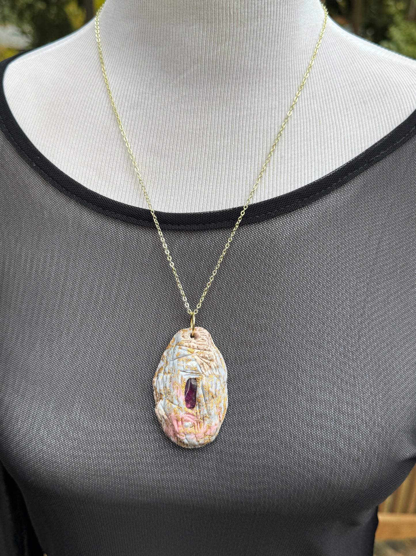 Amethyst and pearl handmade clay necklace, copper flakes, gold chain