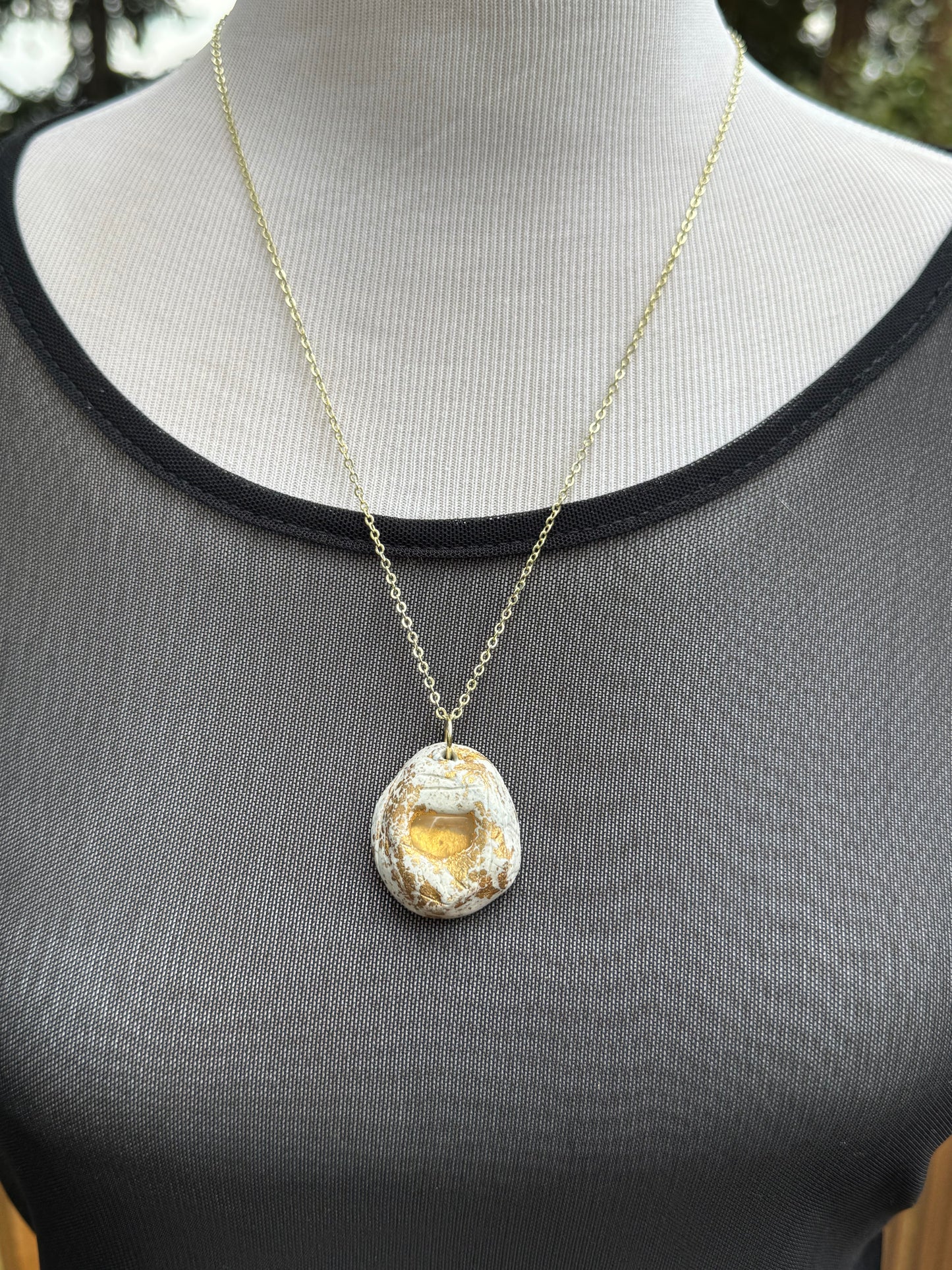 Oregon sunstone and clay pendant necklace, handmade, 14K gold plating