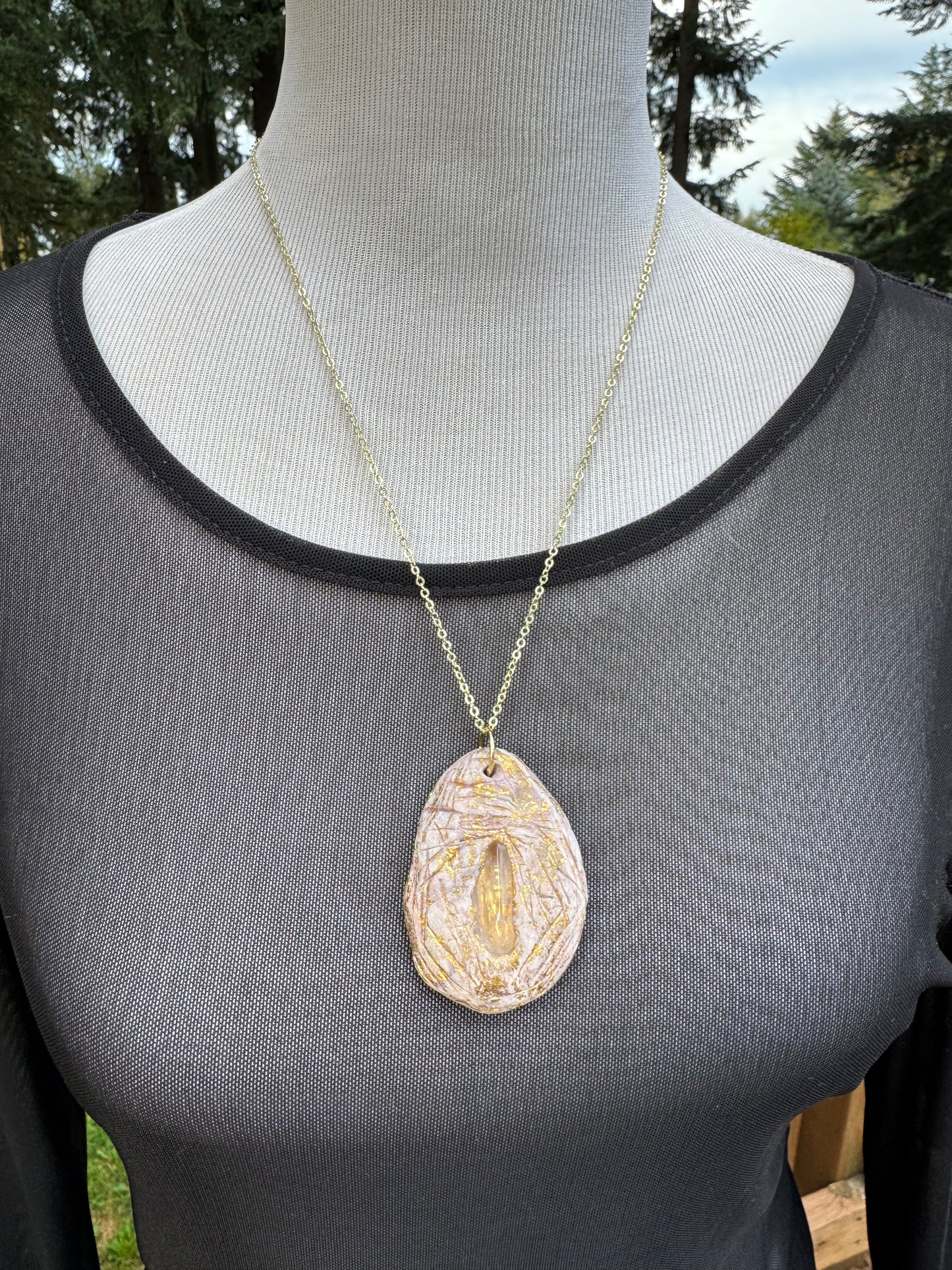 Clear quartz crystal handmade clay necklace