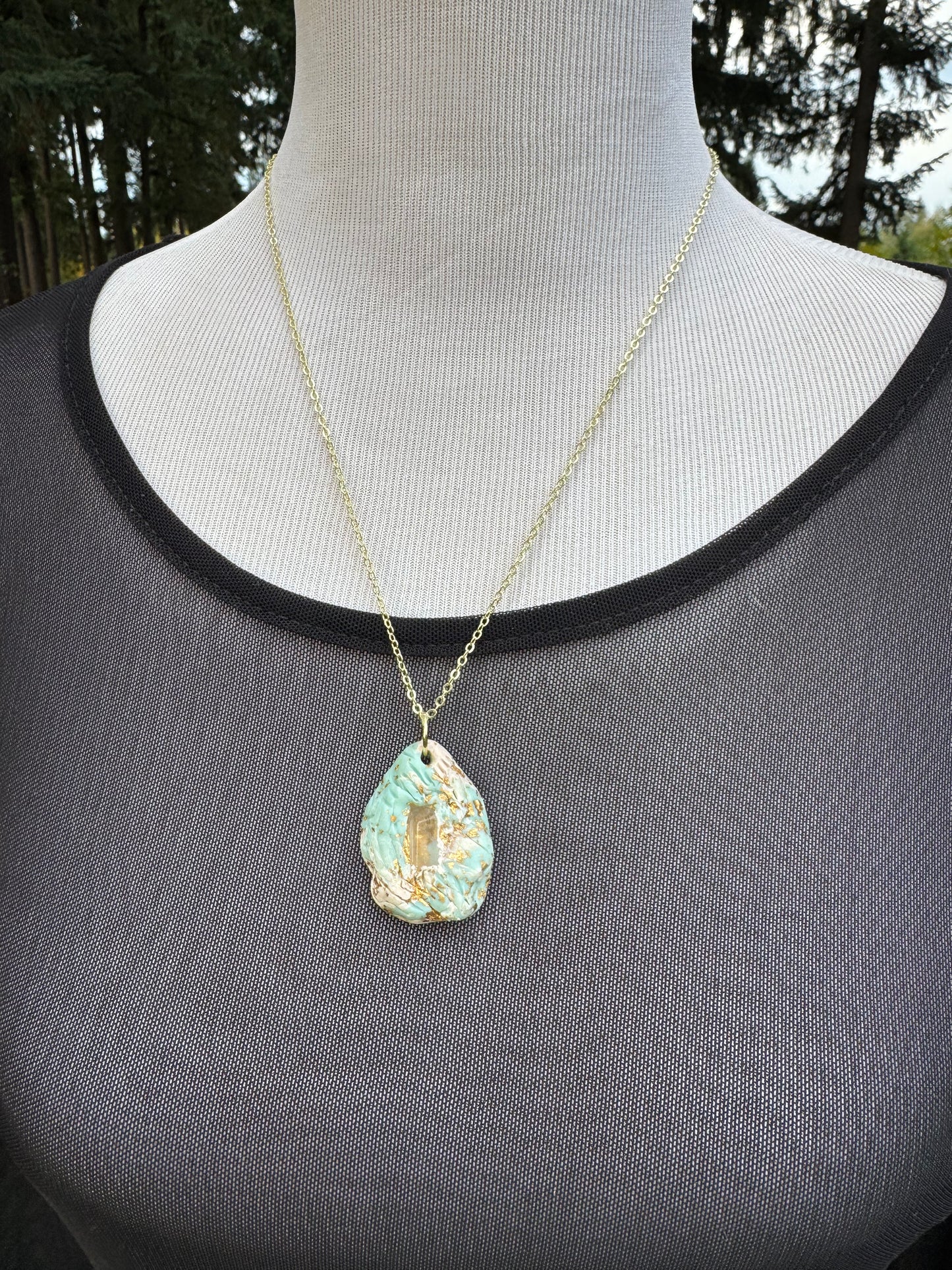 Clear quartz crystal blue and cream handmade necklace