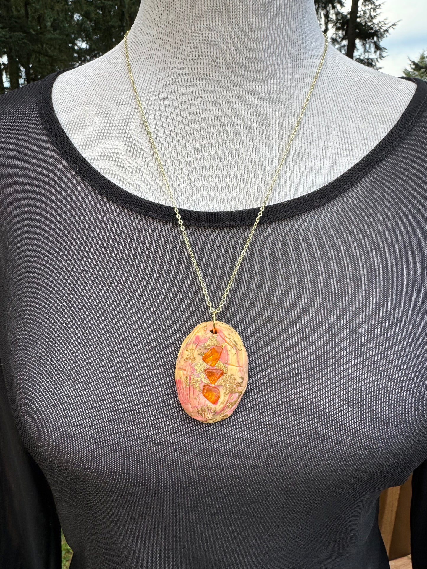 Amber and clay necklace, handmade in Oregon