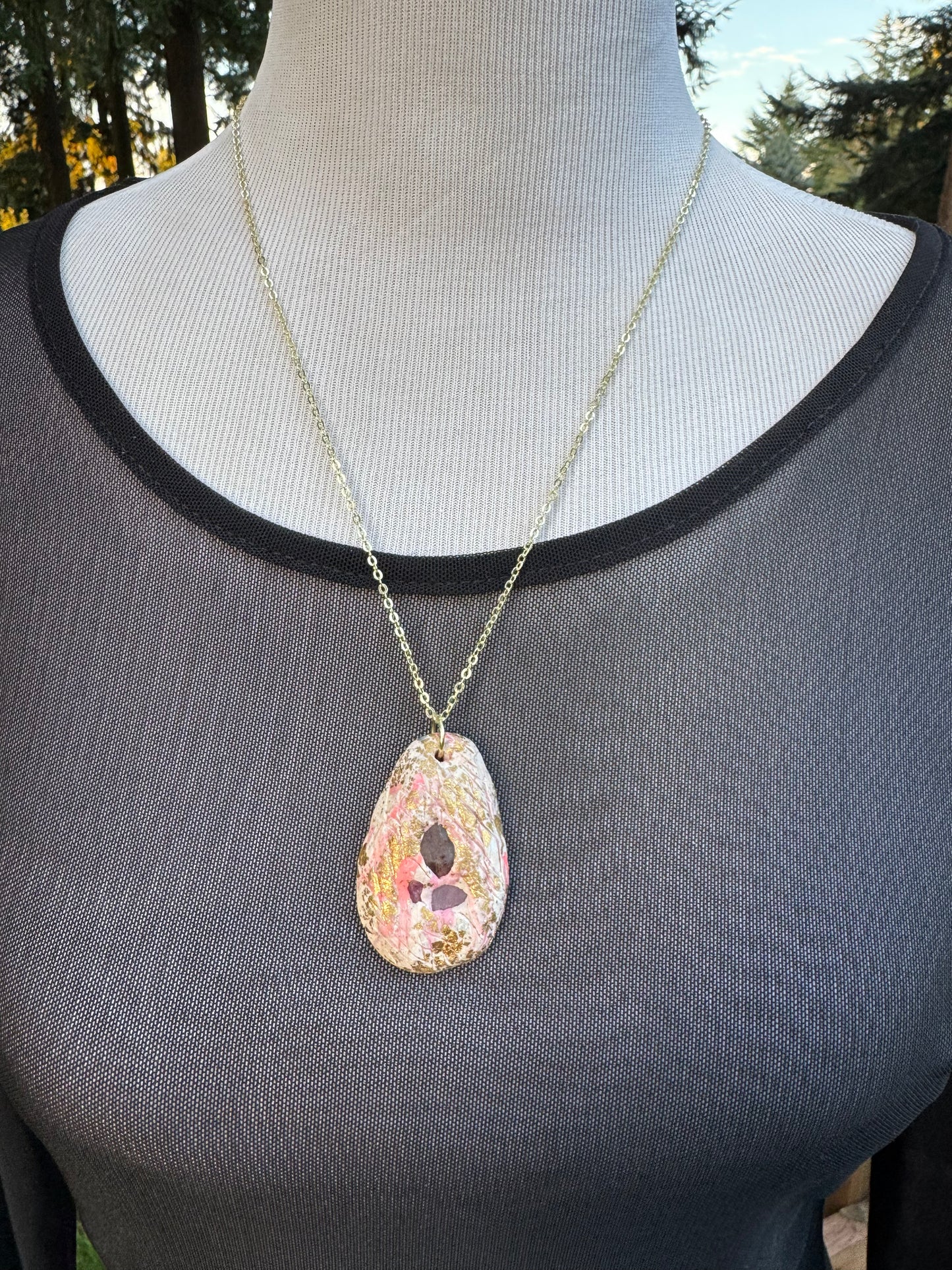 Raw ruby trio handmade pink clay necklace, gold chain