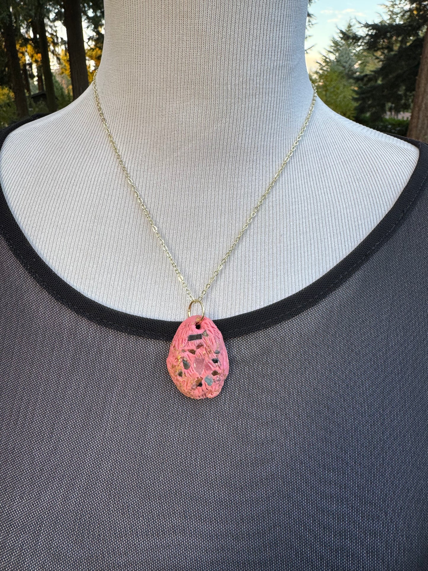 Pink rainbow tourmaline handmade clay necklace, gold chain *double-sided*