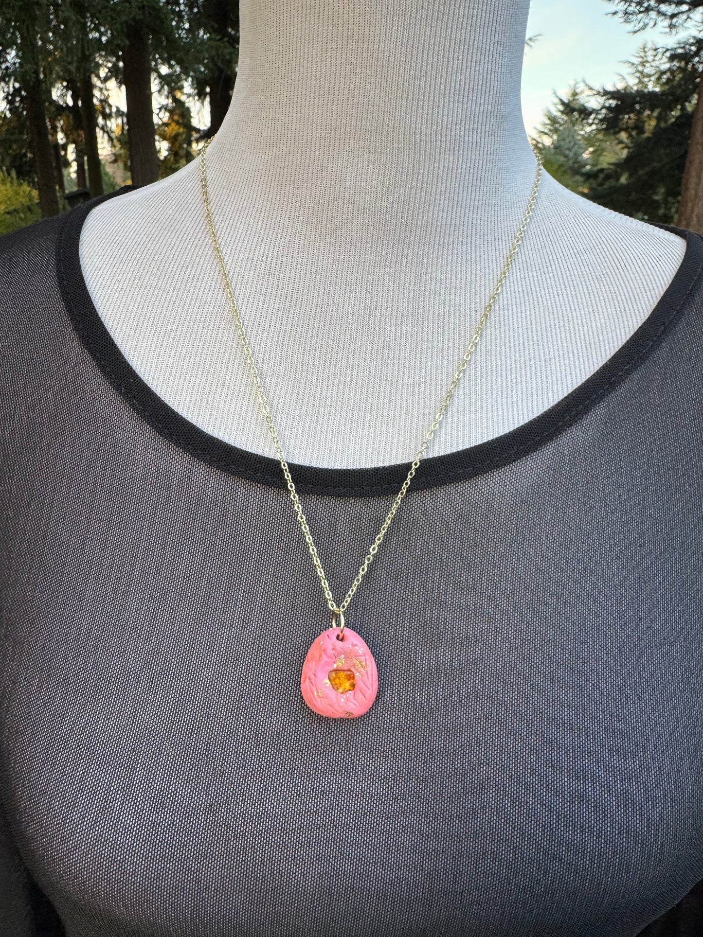 Pink amber handmade necklace with copper flakes