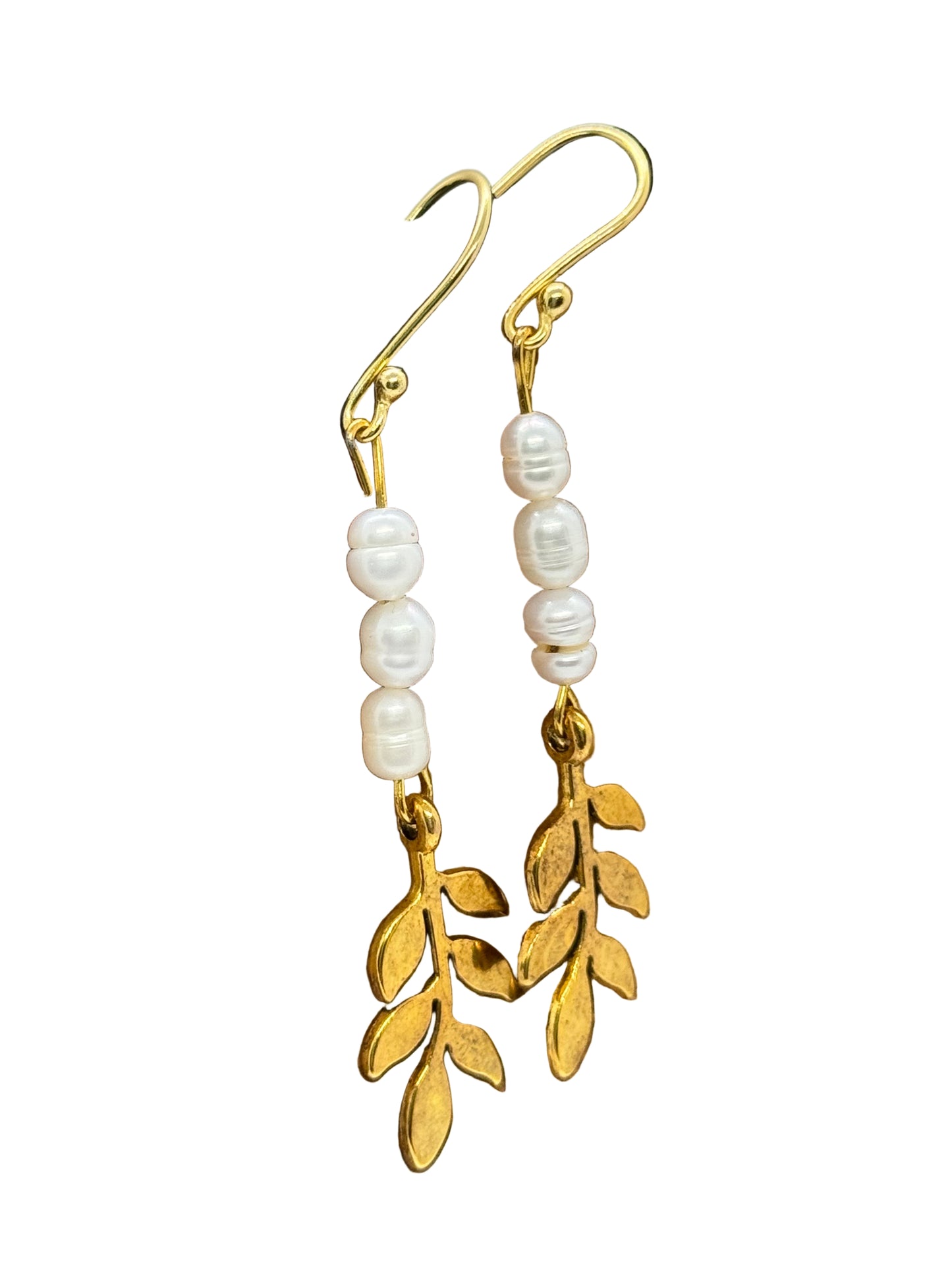 Pearl and gold leaf dangle earrings