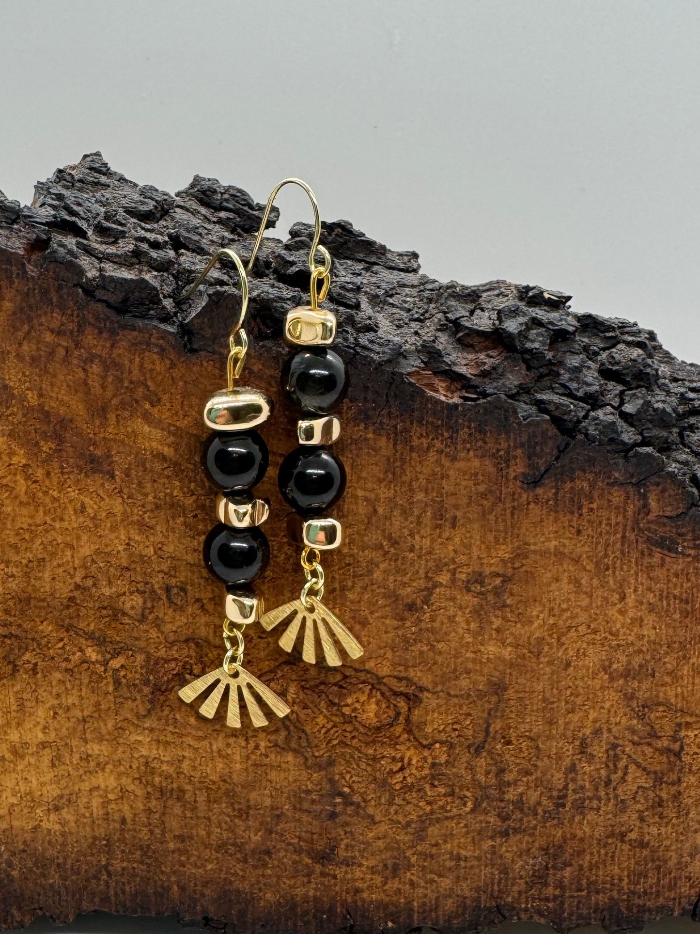 Obsidian and gold dangle earrings