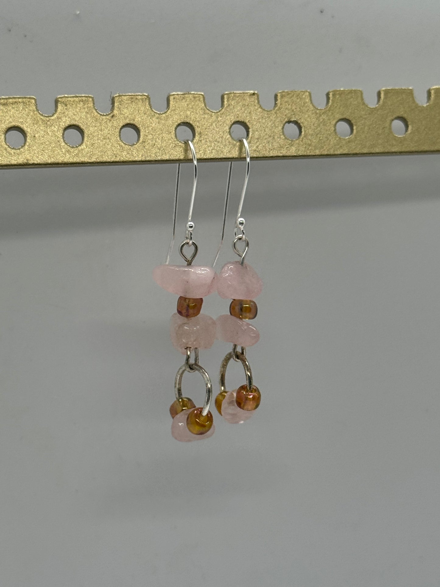 Rose quartz and glass beads silver earrings