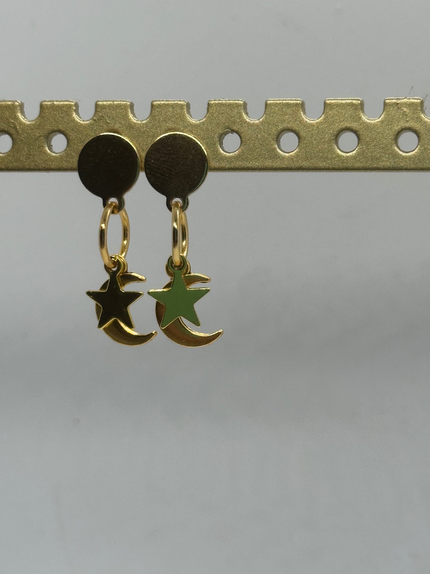 Crescent moon and star gold drop earrings