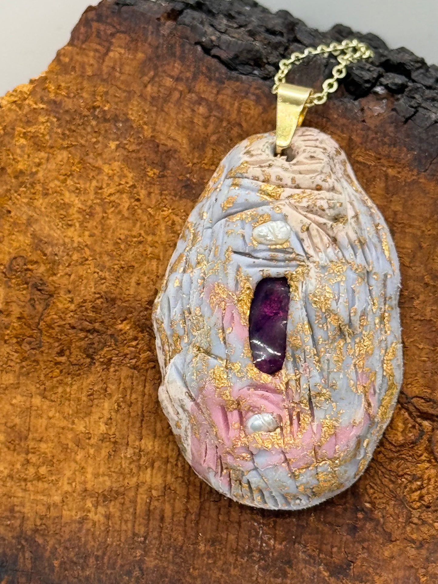 Amethyst and pearl handmade clay necklace, copper flakes, gold chain