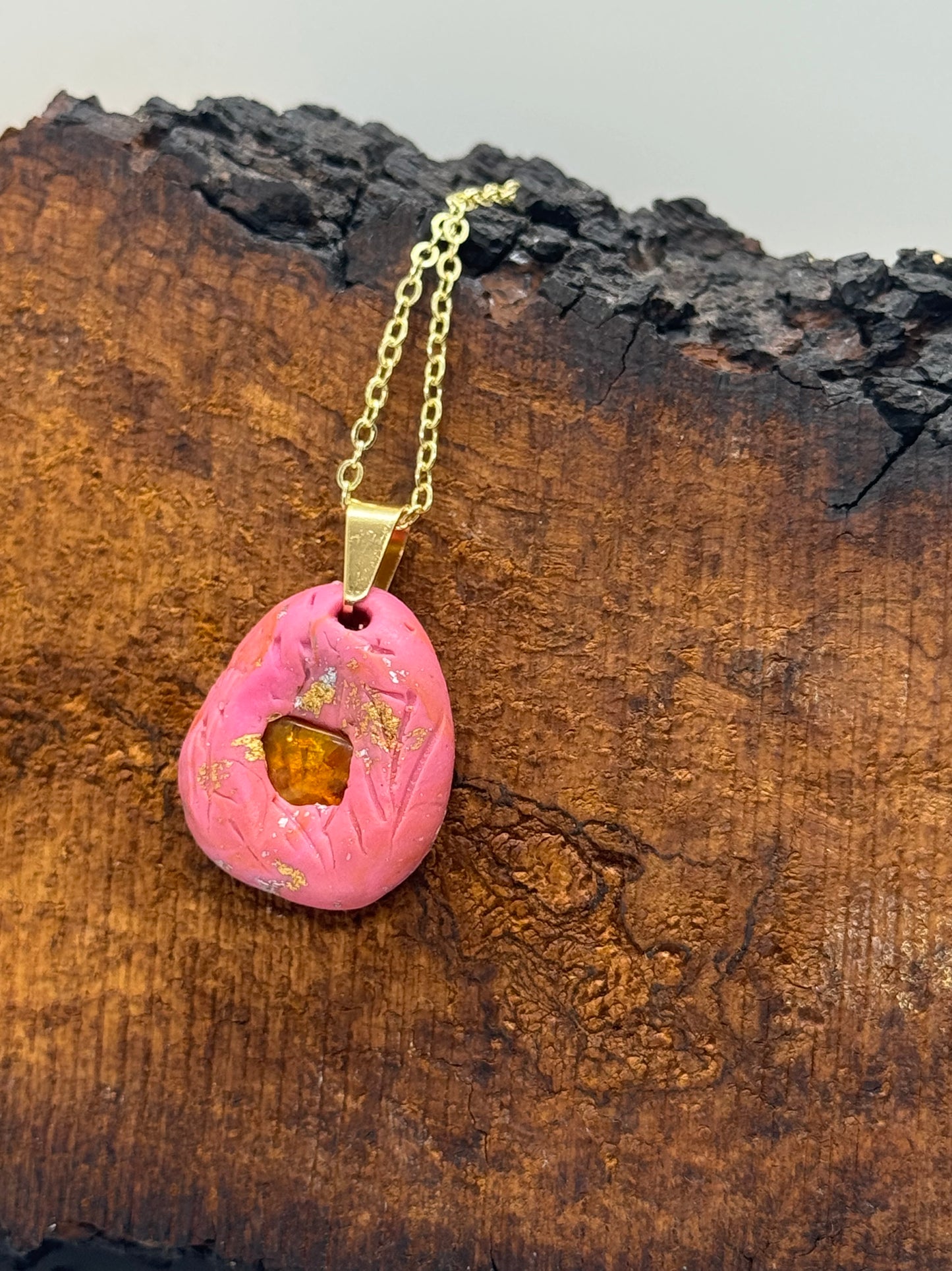 Pink amber handmade necklace with copper flakes