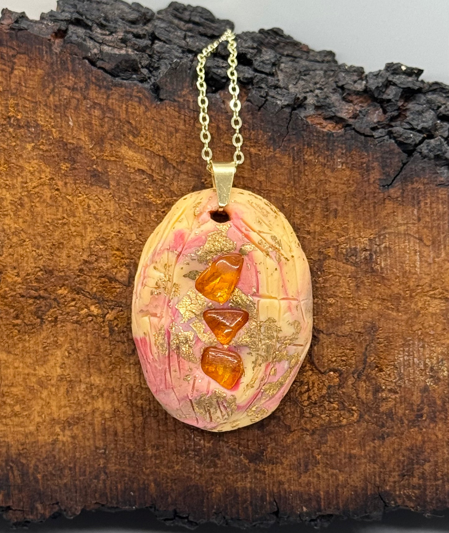 Amber and clay necklace, handmade in Oregon