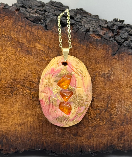 Amber and clay necklace, handmade in Oregon