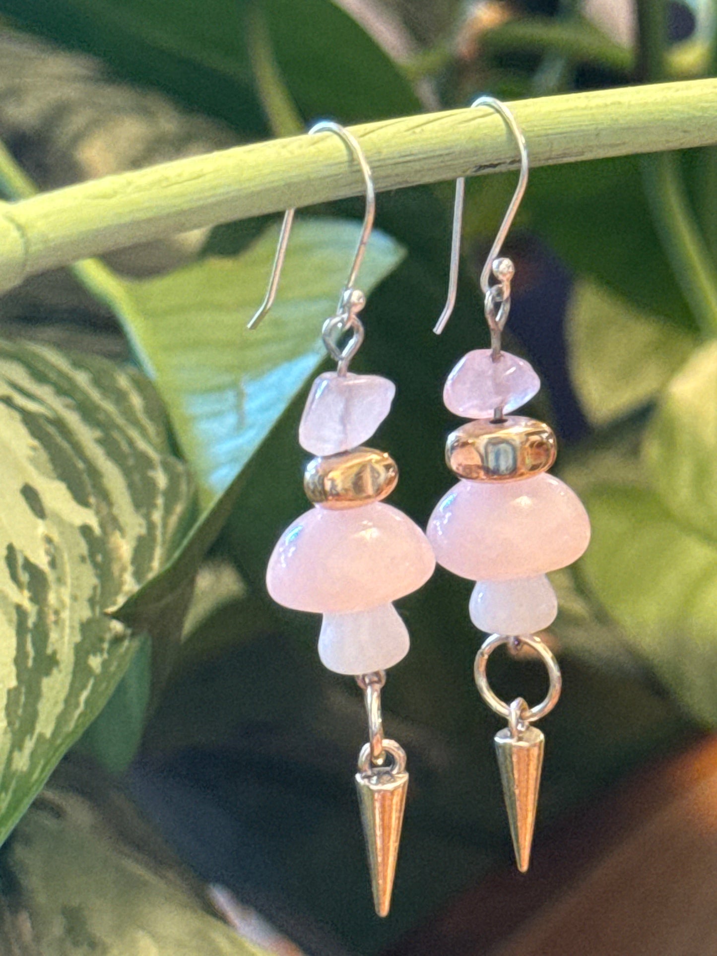 Pink mushroom and rose quartz spike earrings