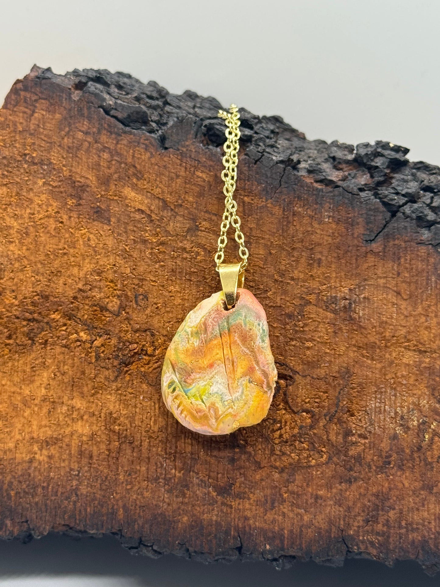 Rainbow necklace with amber stone, handmade in Oregon