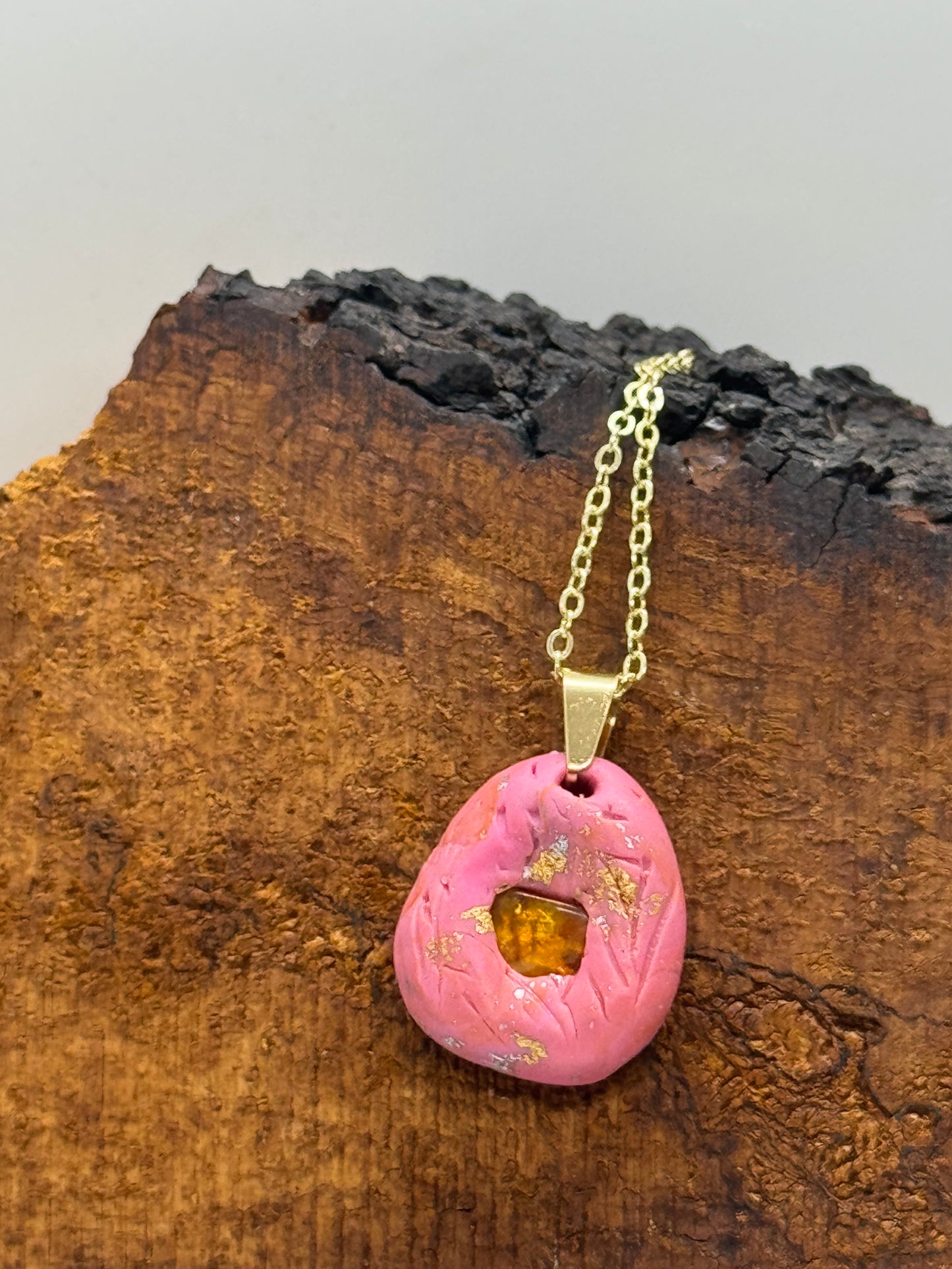 Pink amber handmade necklace with copper flakes