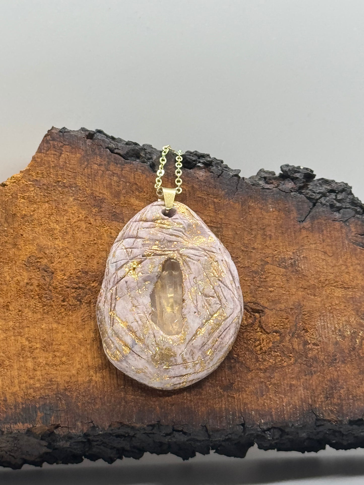 Clear quartz crystal handmade clay necklace