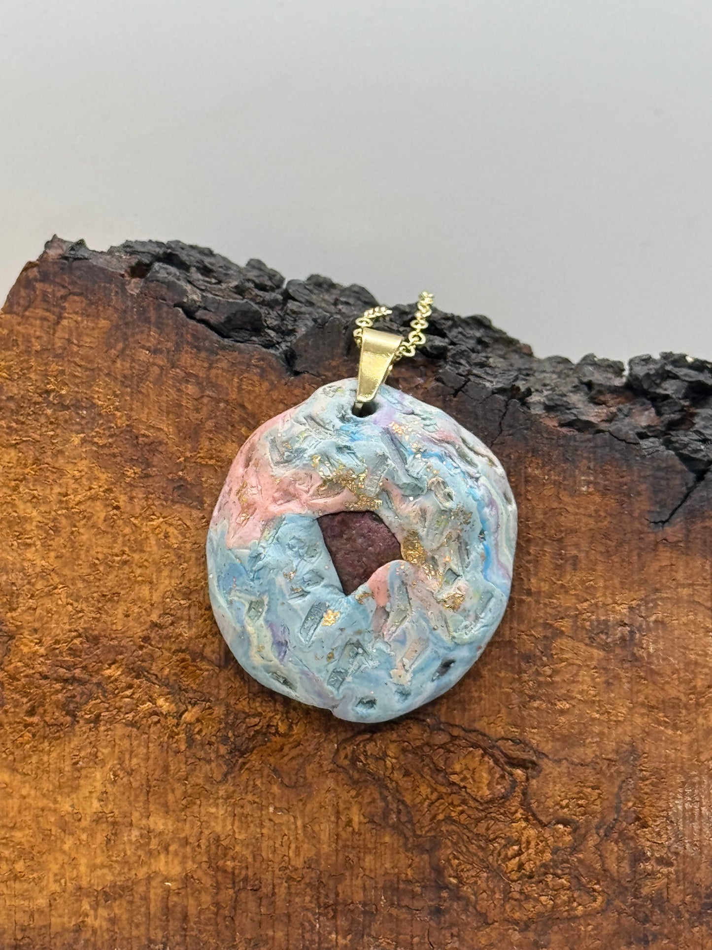 Raw ruby and clay handmade necklace, 14K gold plated chain