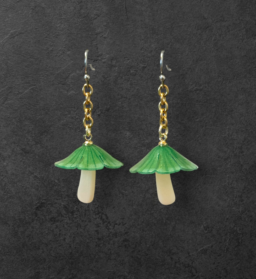 Green glass mushroom chain earrings