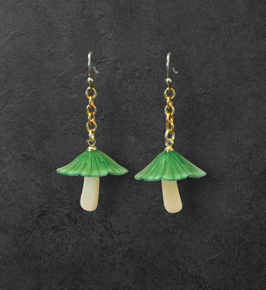 Green glass mushroom chain earrings