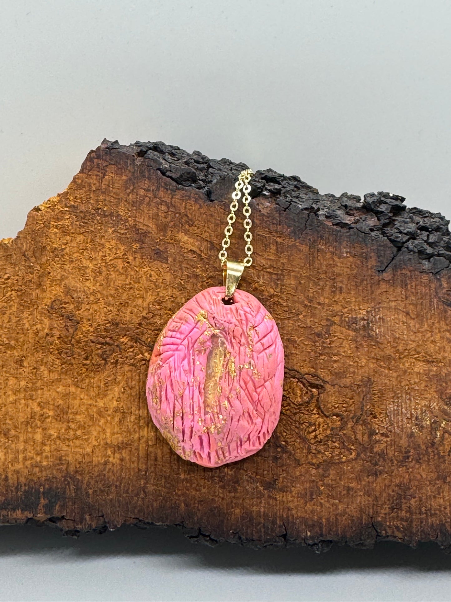 Pink clear quartz crystal handmade clay gold necklace