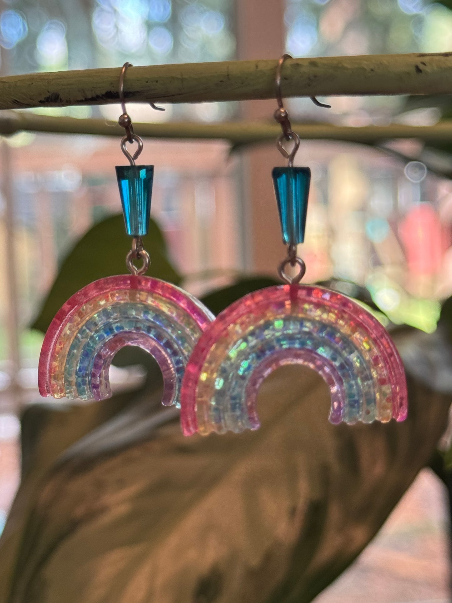 Cute rainbow earrings with blue glass