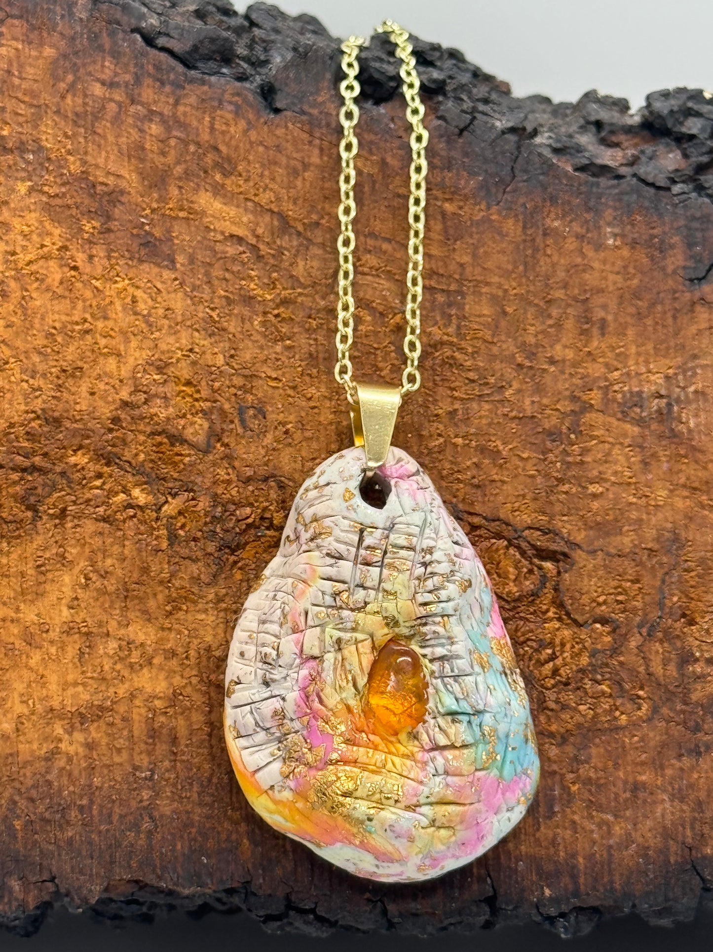 Rainbow amber pendant necklace