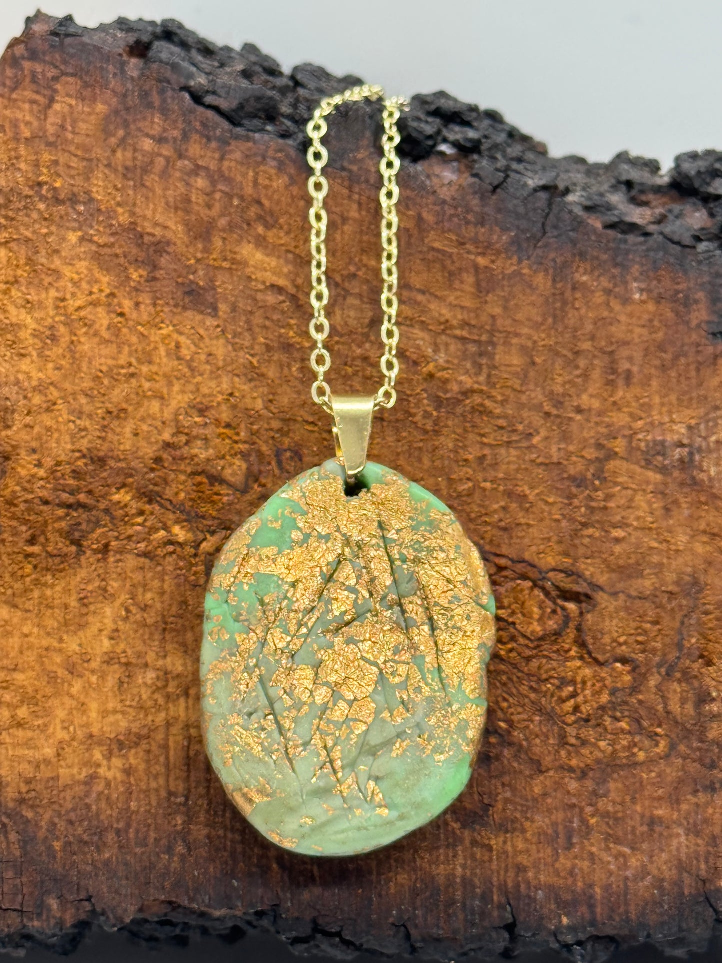 Pearl and fluorite mint green clay necklace, handmade, 14K gold plating