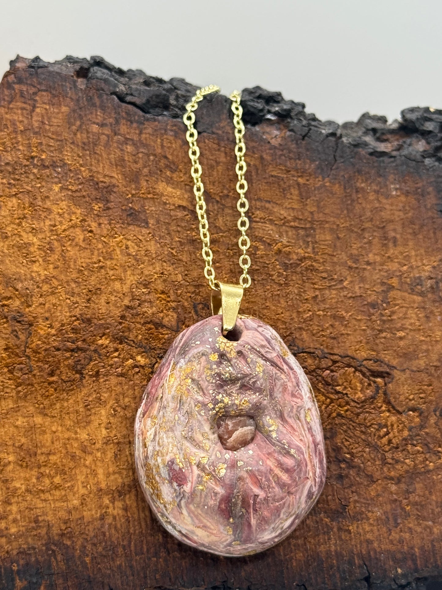 Raw sunstone hand-carved necklace, gold chain