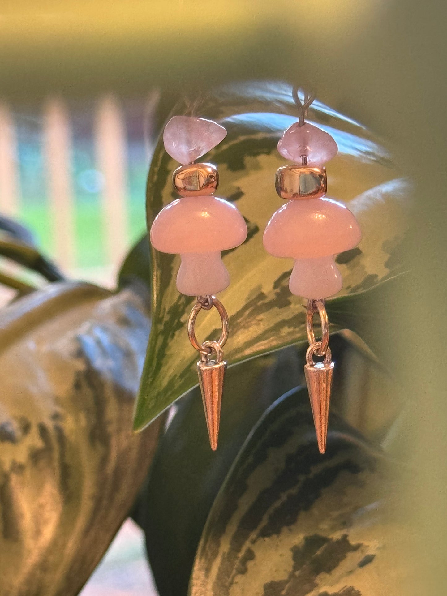 Pink mushroom and rose quartz spike earrings