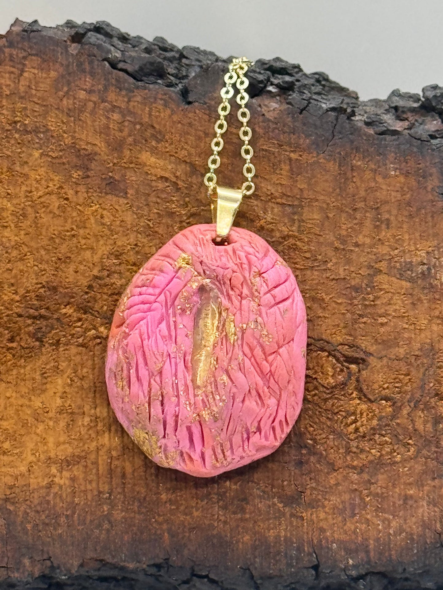 Pink clear quartz crystal handmade clay gold necklace
