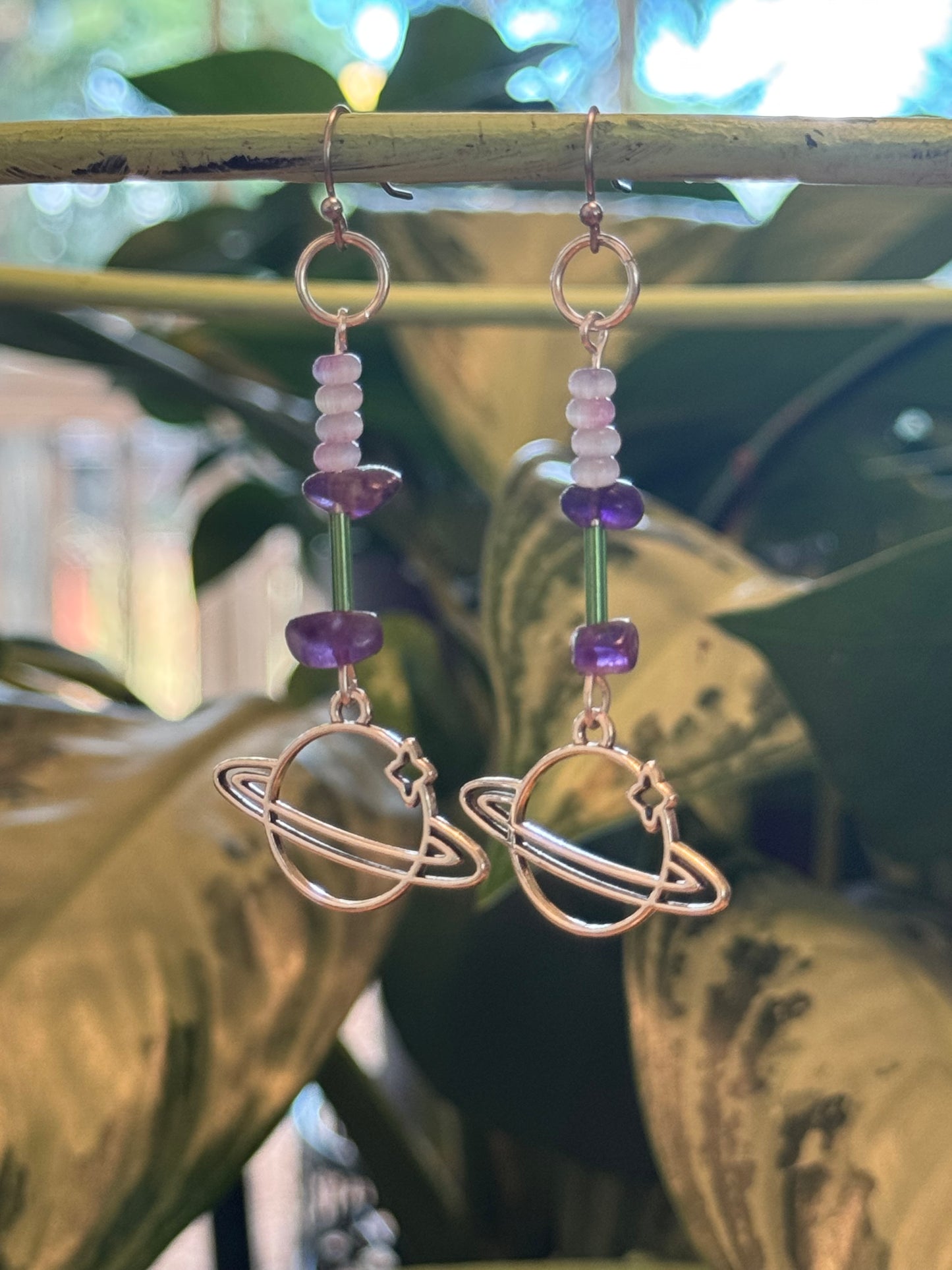 Amethyst and glass planet earrings