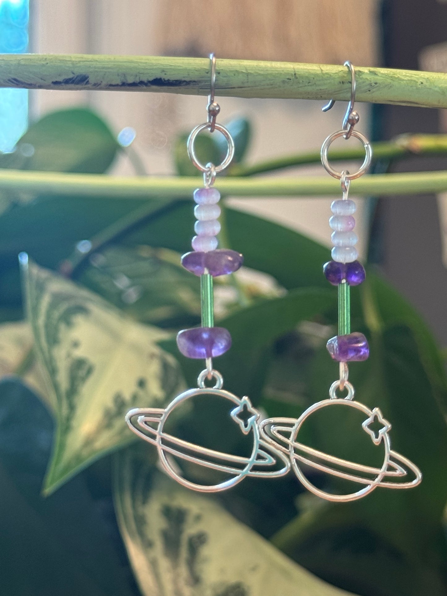 Amethyst and glass planet earrings