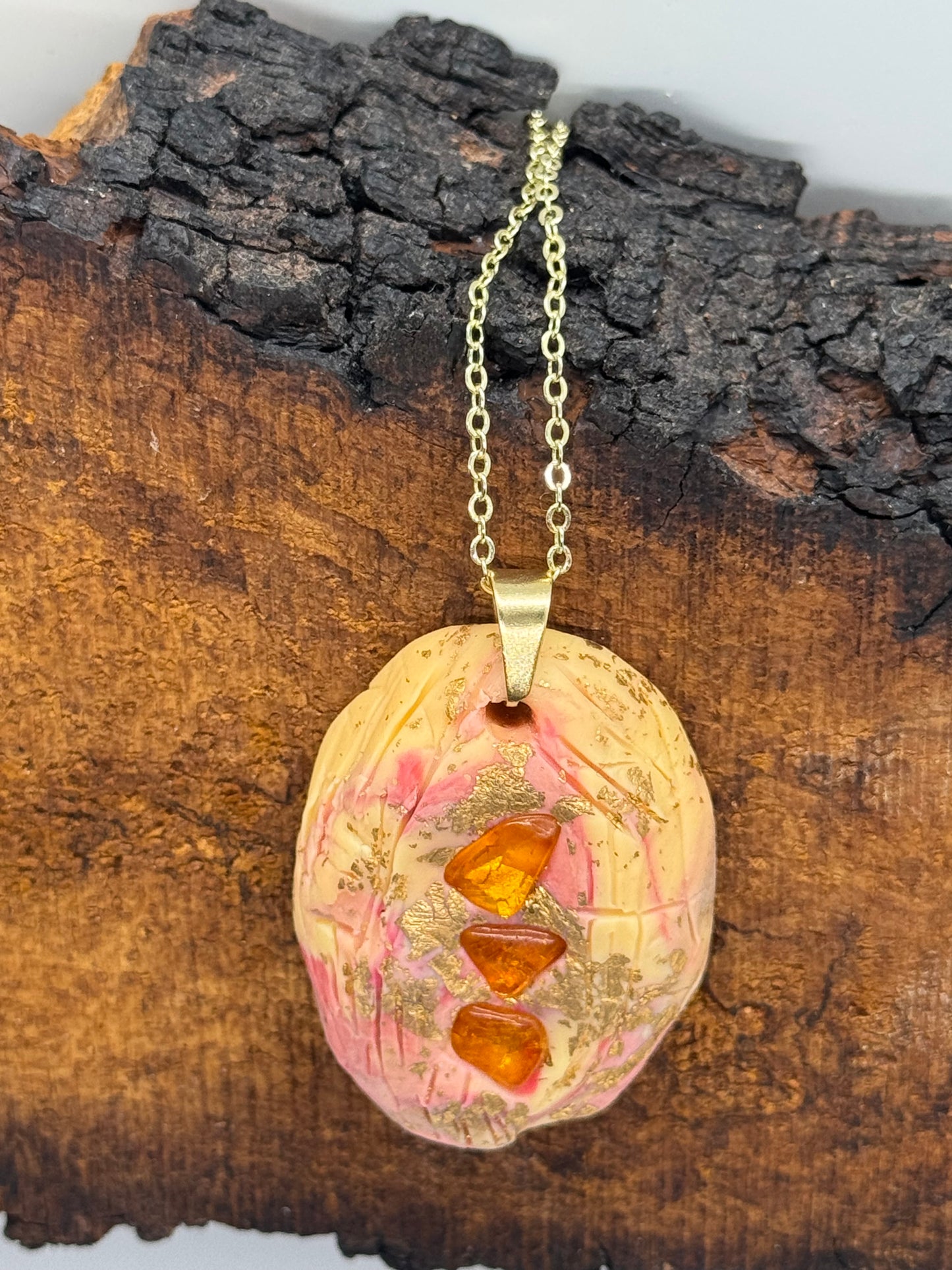 Amber and clay necklace, handmade in Oregon