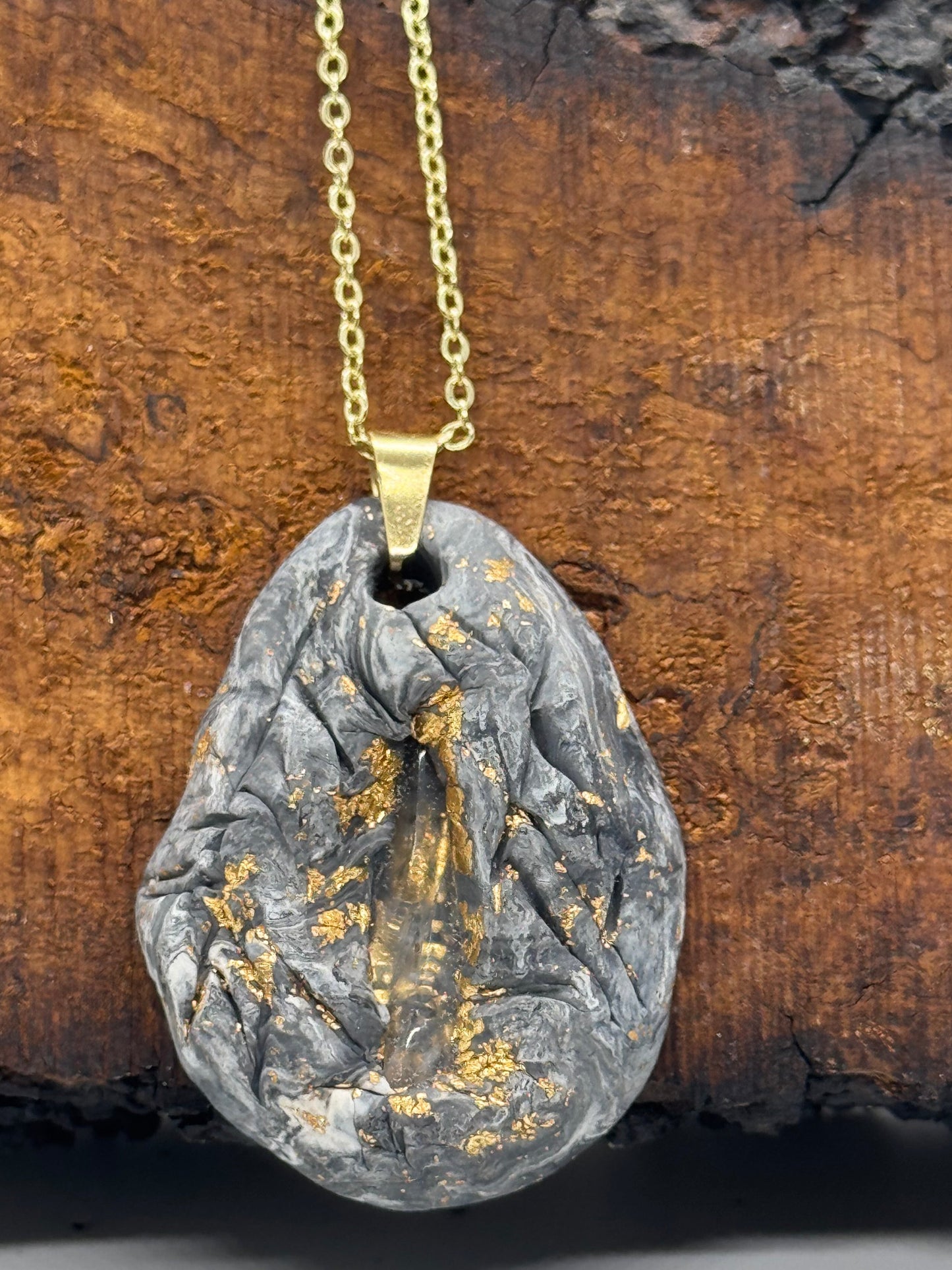 Clear quartz crystal clay necklace, black and gray