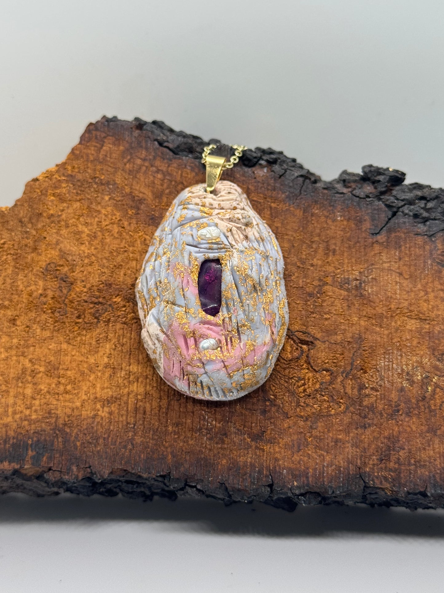 Amethyst and pearl handmade clay necklace, copper flakes, gold chain