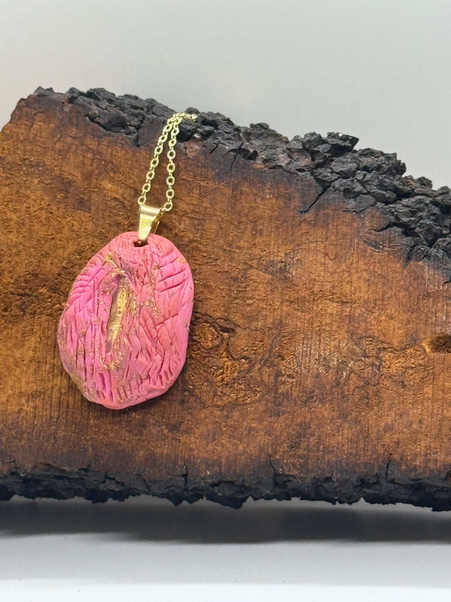 Pink clear quartz crystal handmade clay gold necklace