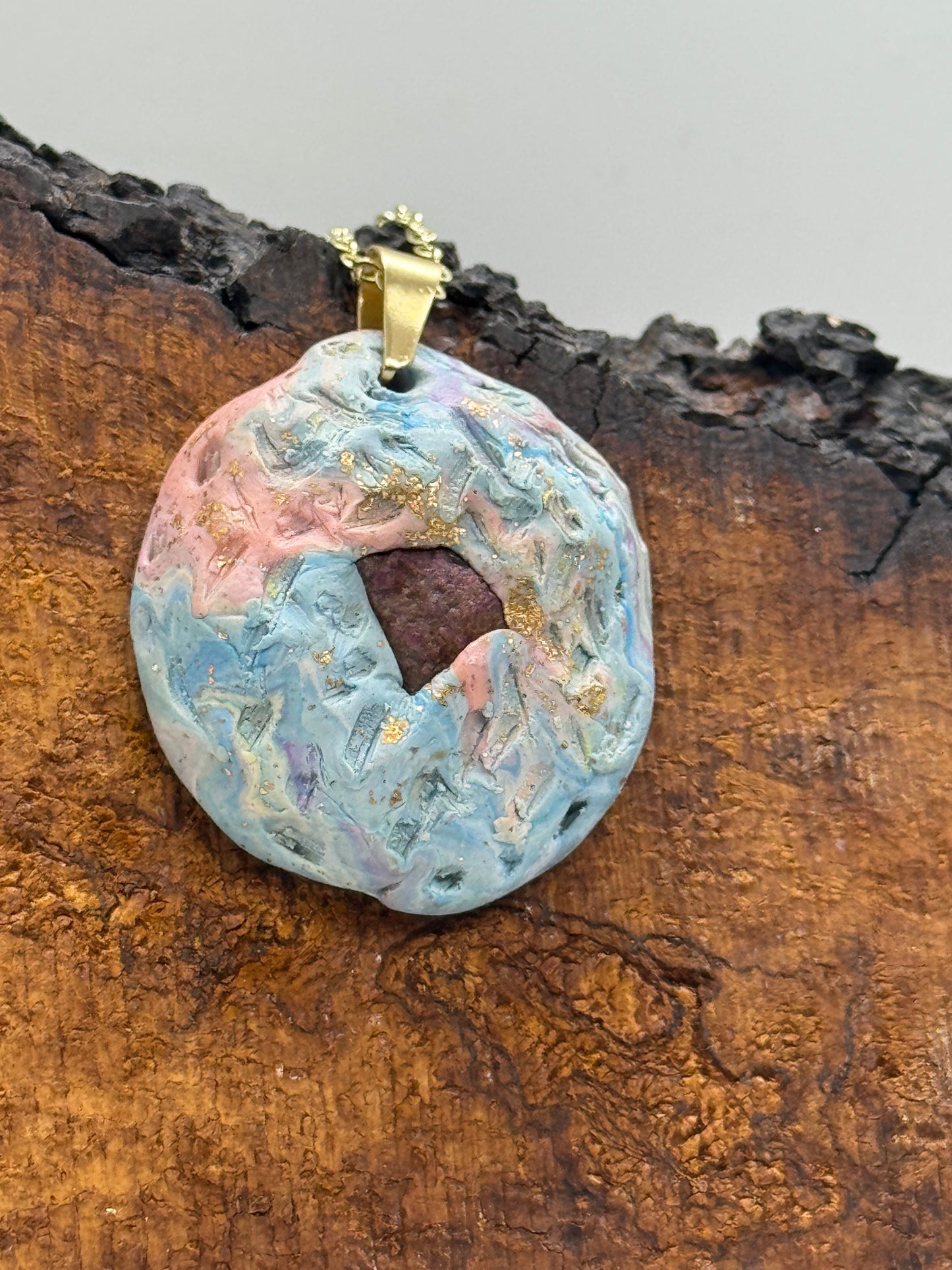 Raw ruby and clay handmade necklace, 14K gold plated chain