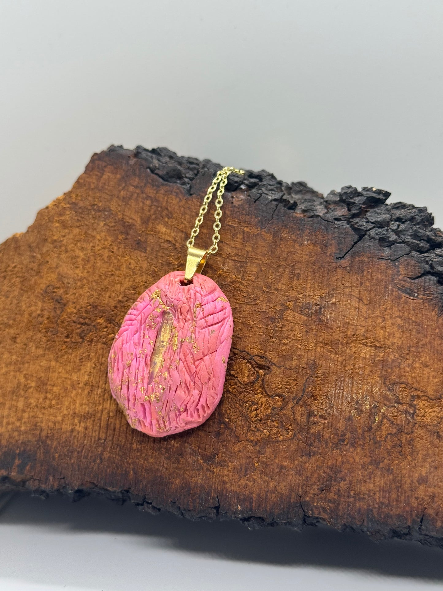 Pink clear quartz crystal handmade clay gold necklace