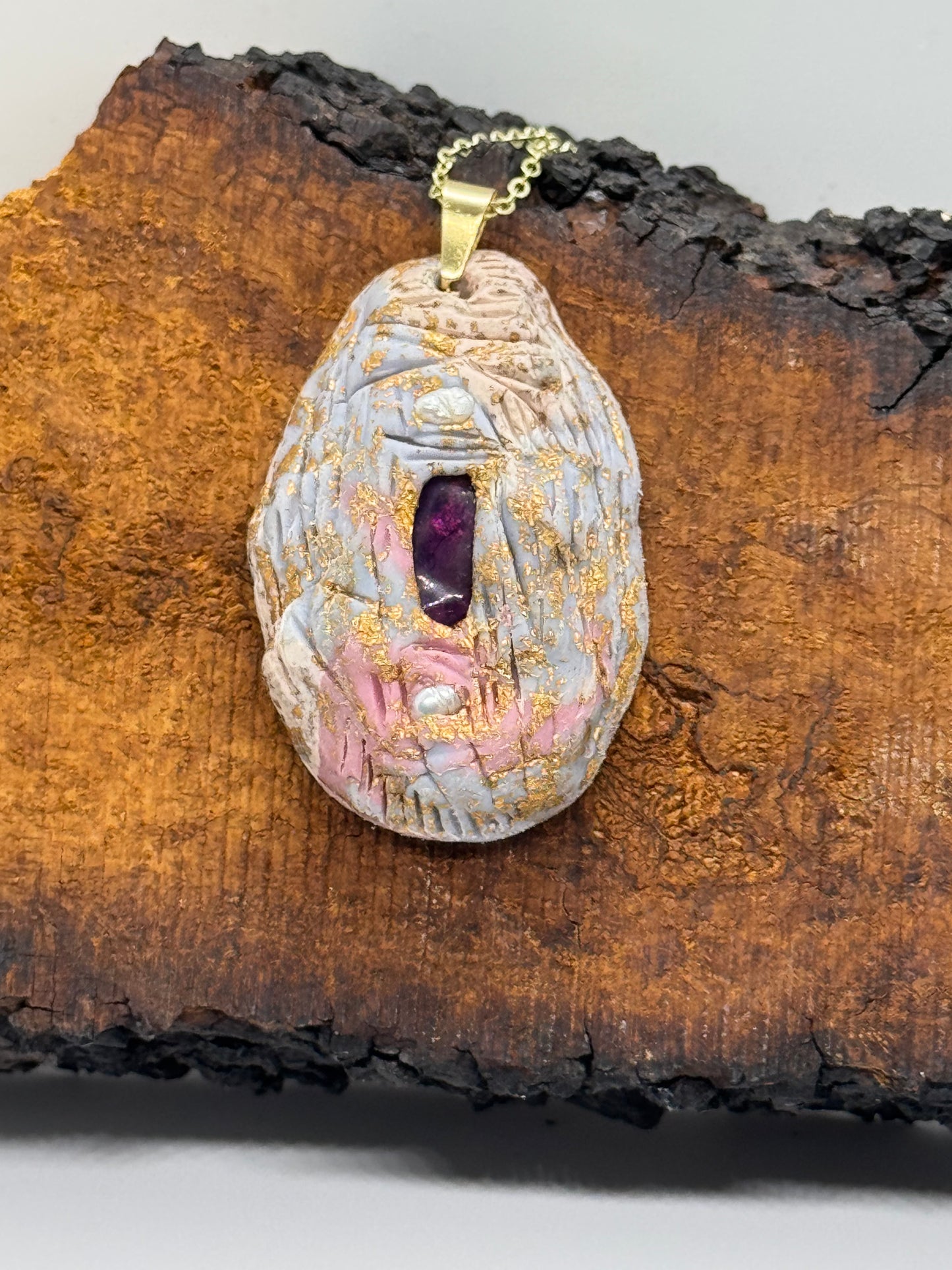 Amethyst and pearl handmade clay necklace, copper flakes, gold chain