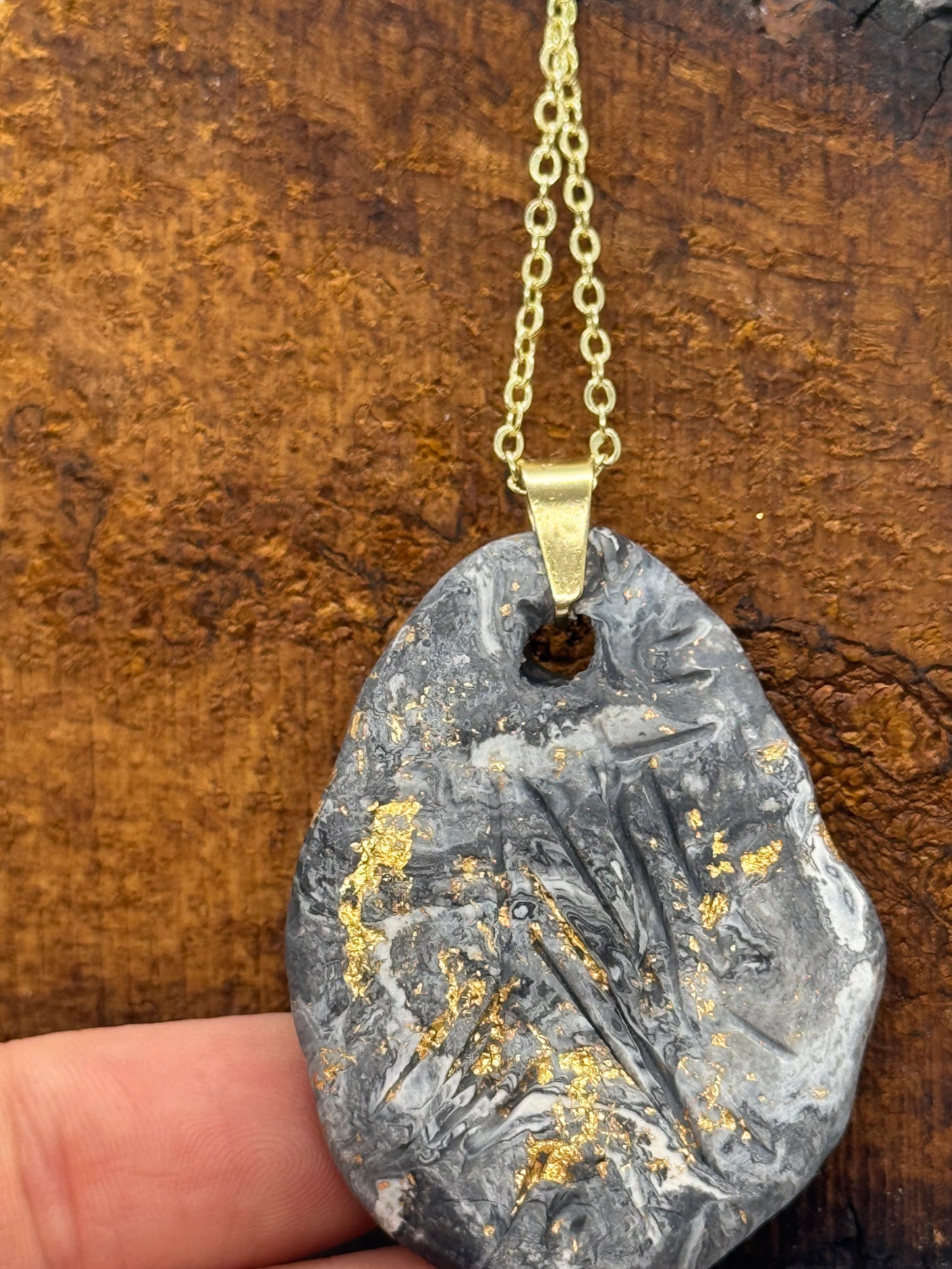 Clear quartz crystal clay necklace, black and gray